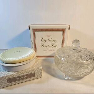 Avon Crystalique Clear Glass Beauty Dust Jar with Topaze Beauty Dust Refill New
